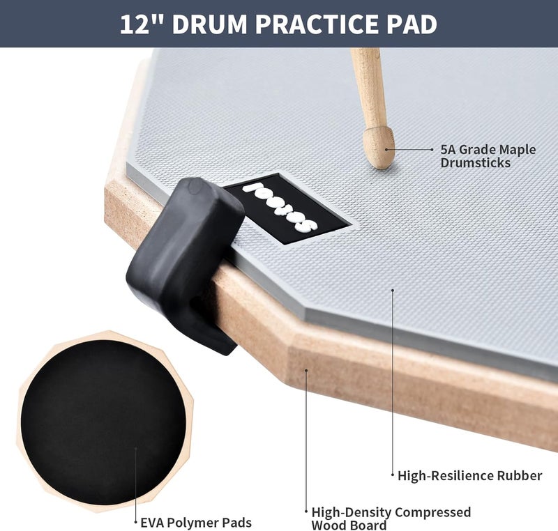 Seteol Drum Practice Pad Set, 12 Inch Double Sided Silent Drum Pad with Storage Bag + Adjustable Snare Drum Stand with Carry Bag + 2 Pair Drum Sticks with Drumstick Holder, Fits 10"-14" Drums (Grey) - Image 4